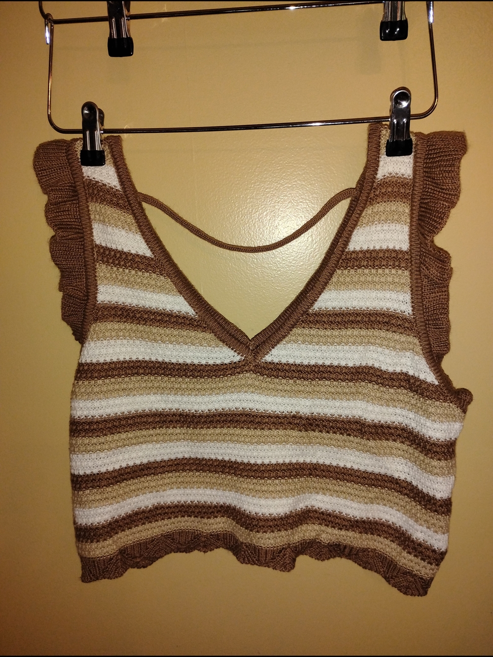Striped Knit V-Neck Crop Top in Brown and Cream